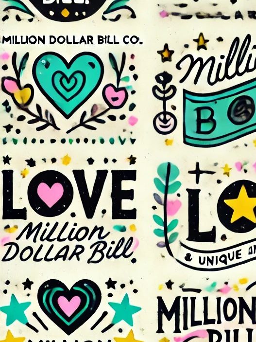 Colorful design featuring hearts and the phrase "Million Dollar Bill" with decorative elements.