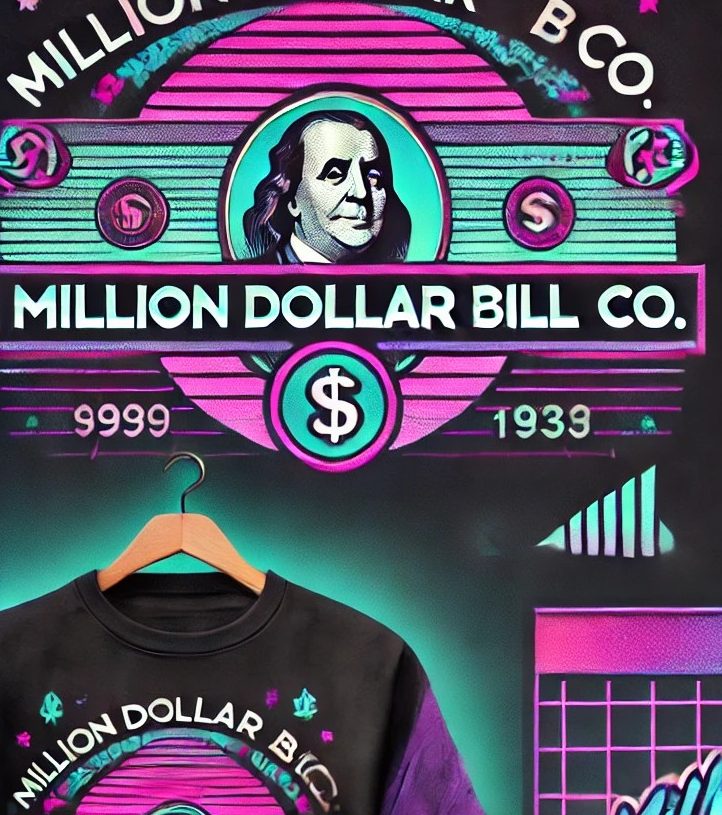 Colorful graphic featuring "Million Dollar Bill Co." with dollar signs and Benjamin Franklin's portrait.